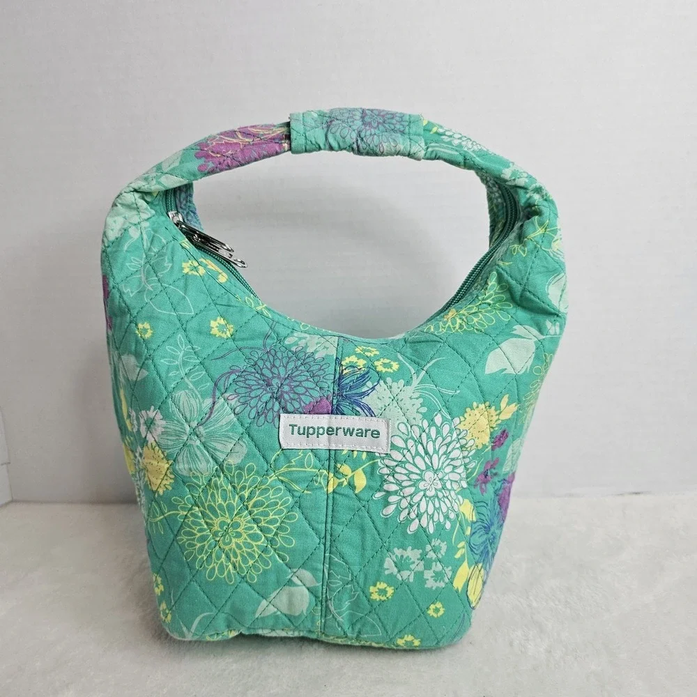 Tupperware Lunch Bag Zipper Hobo Style Green Floral Vintage Quilted